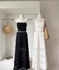 渡假必備氣質縷空蕾絲瓶口背心長裙套裝